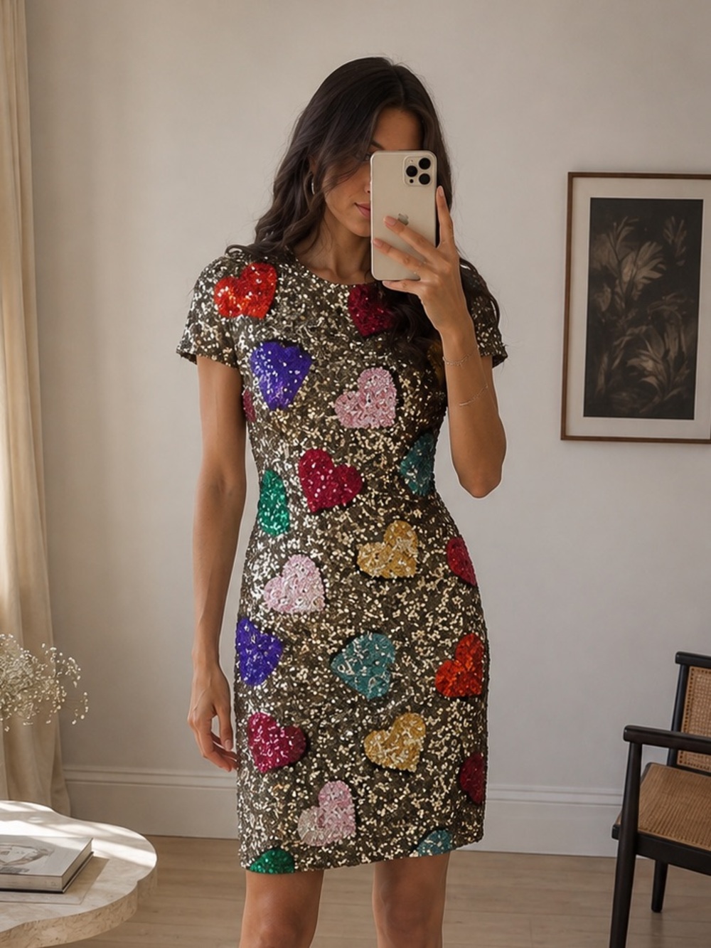 Alice + Olivia Gold Heart Sequin Mini Dress, Size 4, Brand New